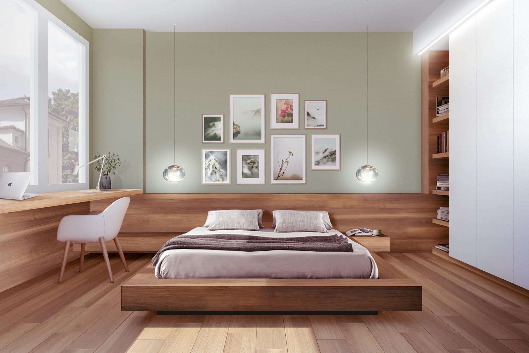 Quarto com paredes em verde acinzentado e roupa de cama clara